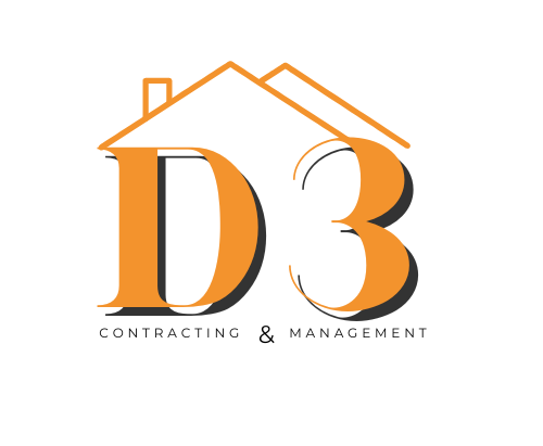 Logo for D3 Contracting and Management. White background with large D3 in orange with an orange roofline capping the letters. Construction & management in black under the D3